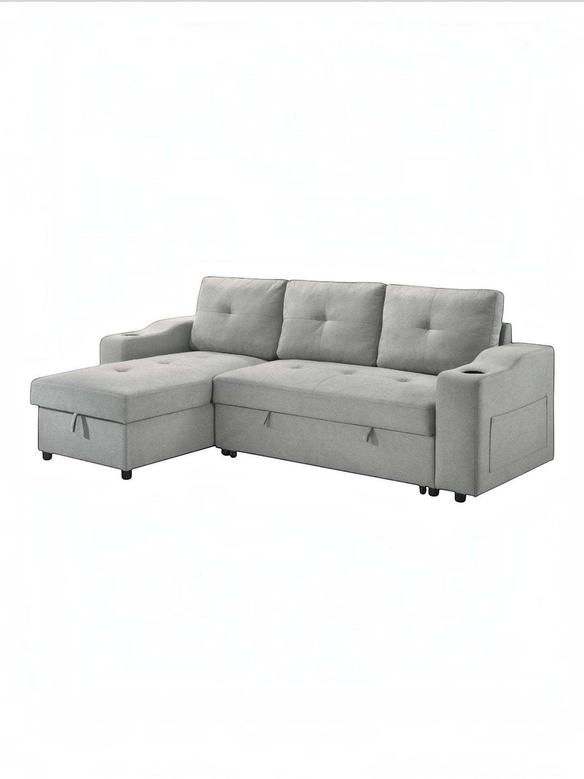 TOCO Meubles Canapé-lit Zena gris clair avec méridienne, accoudoirs porte-gobelet et rangement intégré.