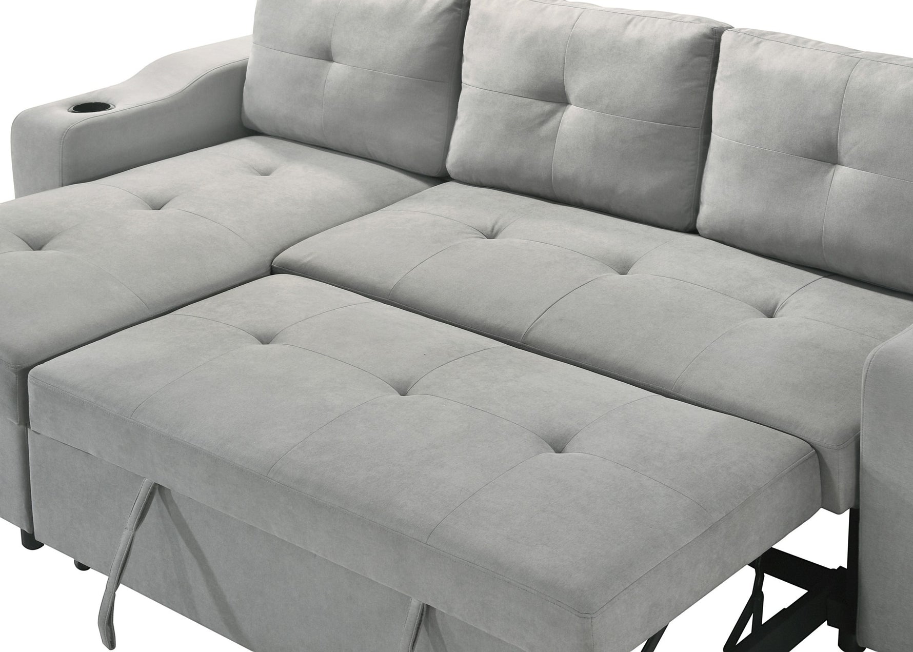 TOCO Meubles Canapé-lit Zena gris clair en tissu avec méridienne et porte-gobelet intégré, assise capitonnée.