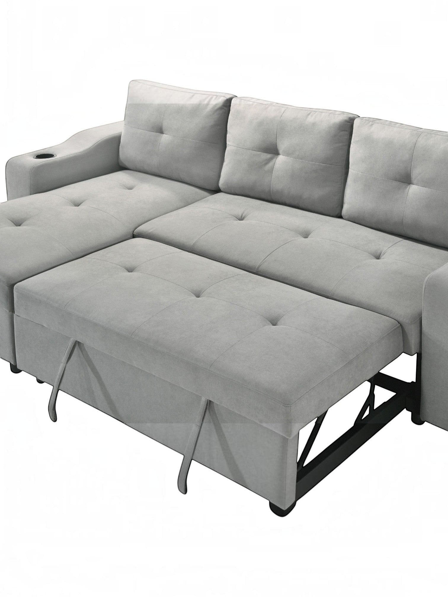TOCO Meubles Canapé-lit Zena gris clair en tissu avec méridienne et porte-gobelet intégré, assise capitonnée.