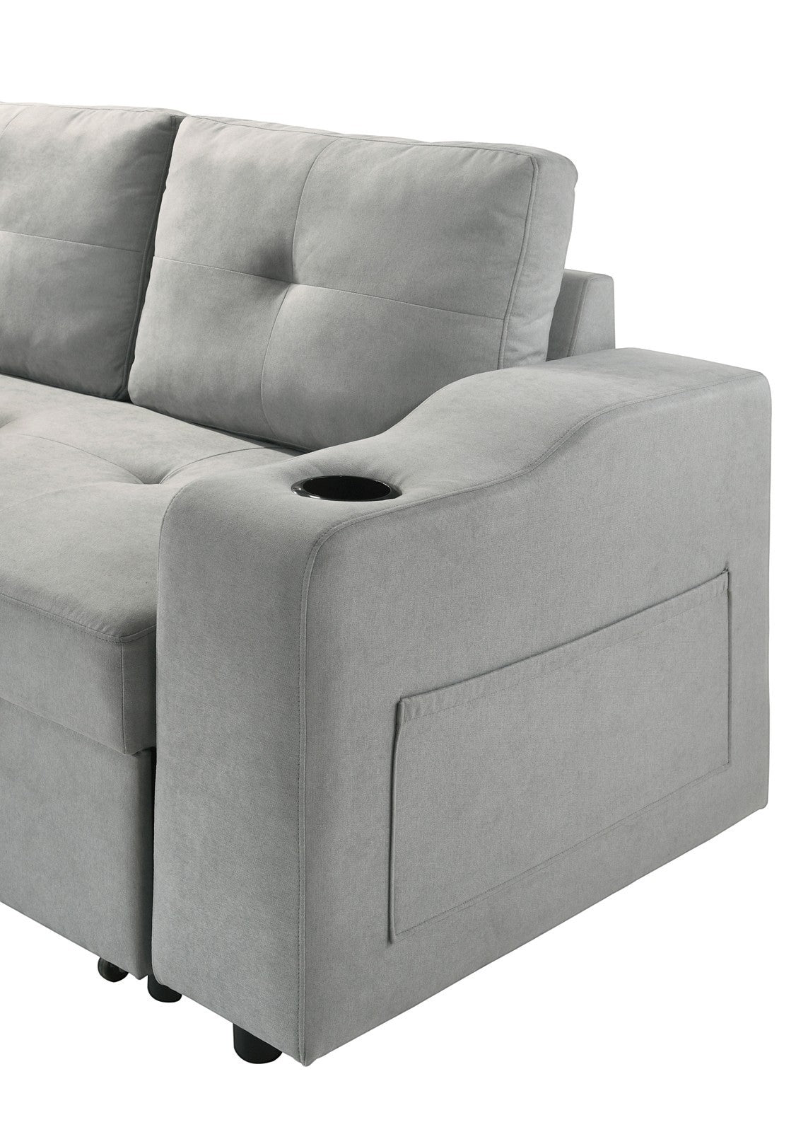 Canapé-lit Zena gris clair TOCO Meubles avec porte-gobelet intégré et poche latérale