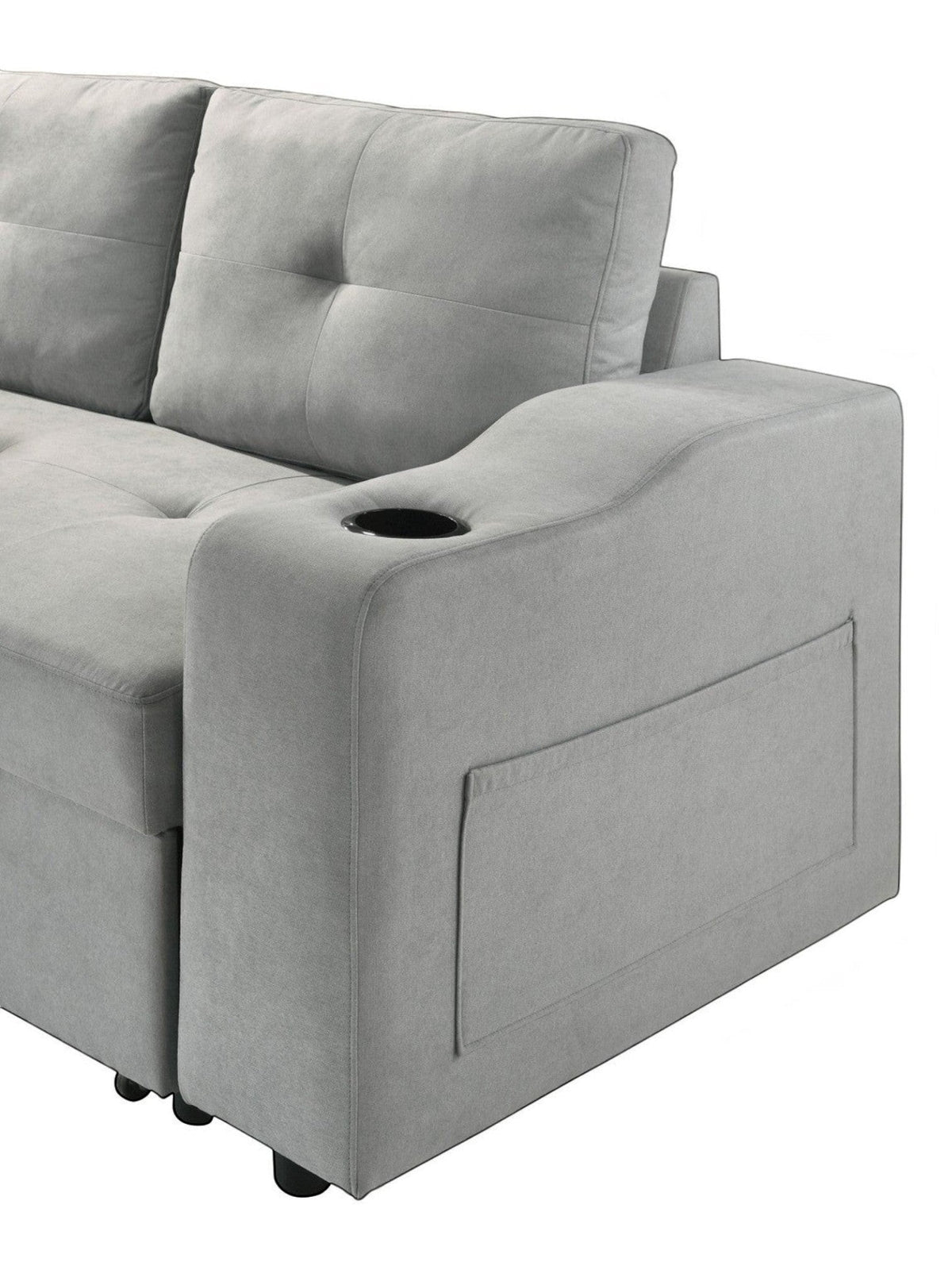 Canapé-lit Zena gris clair TOCO Meubles avec porte-gobelet intégré et poche latérale