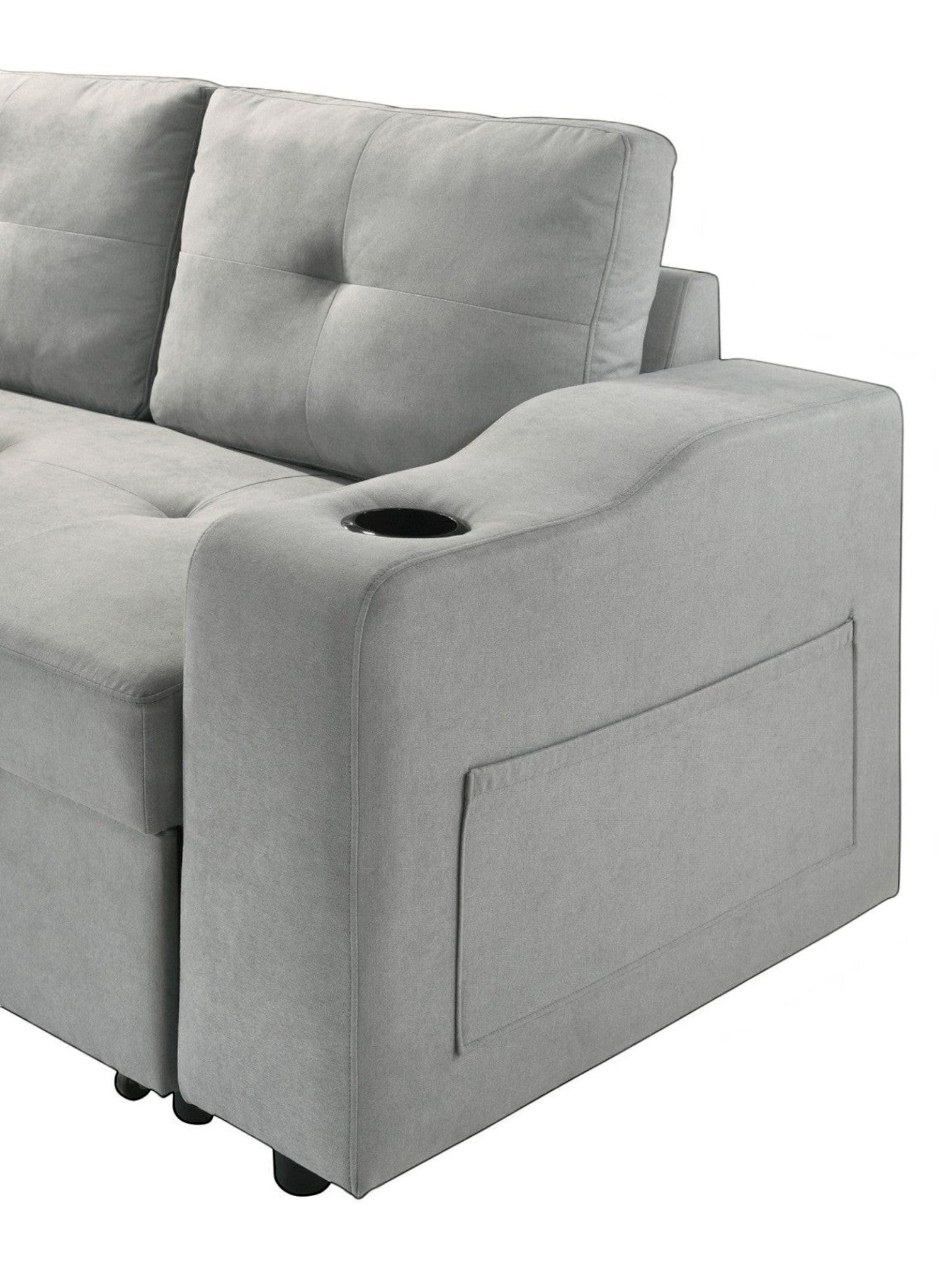 Canapé-lit Zena gris clair TOCO Meubles avec porte-gobelet intégré et poche latérale