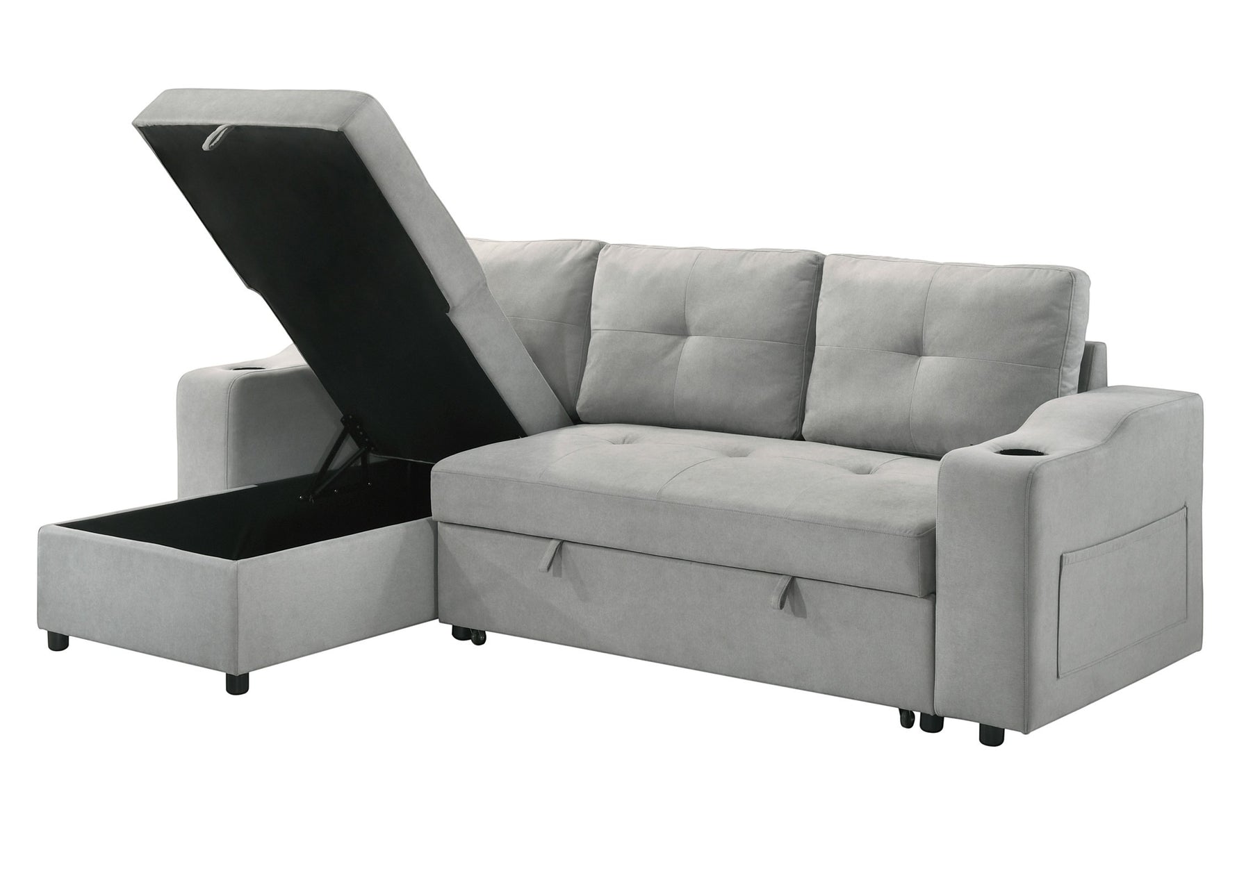 TOCO Meubles Canapé-lit Zena gris clair avec rangement intégré et porte-gobelets, parfait pour un salon confortable.
