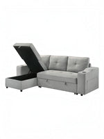 TOCO Meubles Canapé-lit Zena gris clair avec rangement intégré et porte-gobelets, parfait pour un salon confortable.