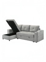 TOCO Meubles Canapé-lit Zena gris clair avec rangement intégré et porte-gobelets, parfait pour un salon confortable.