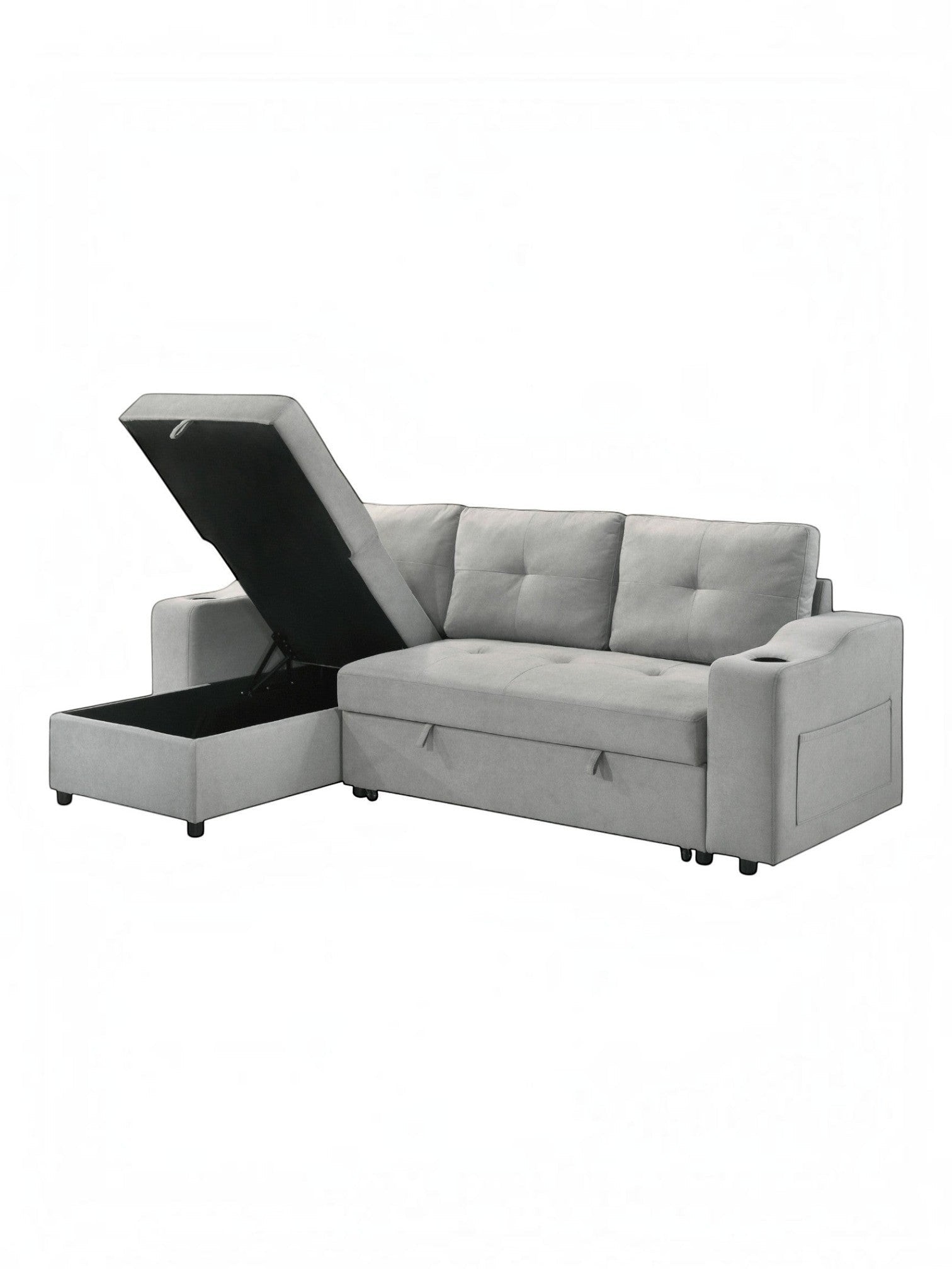 TOCO Meubles Canapé-lit Zena gris clair avec rangement intégré et porte-gobelets, parfait pour un salon confortable.
