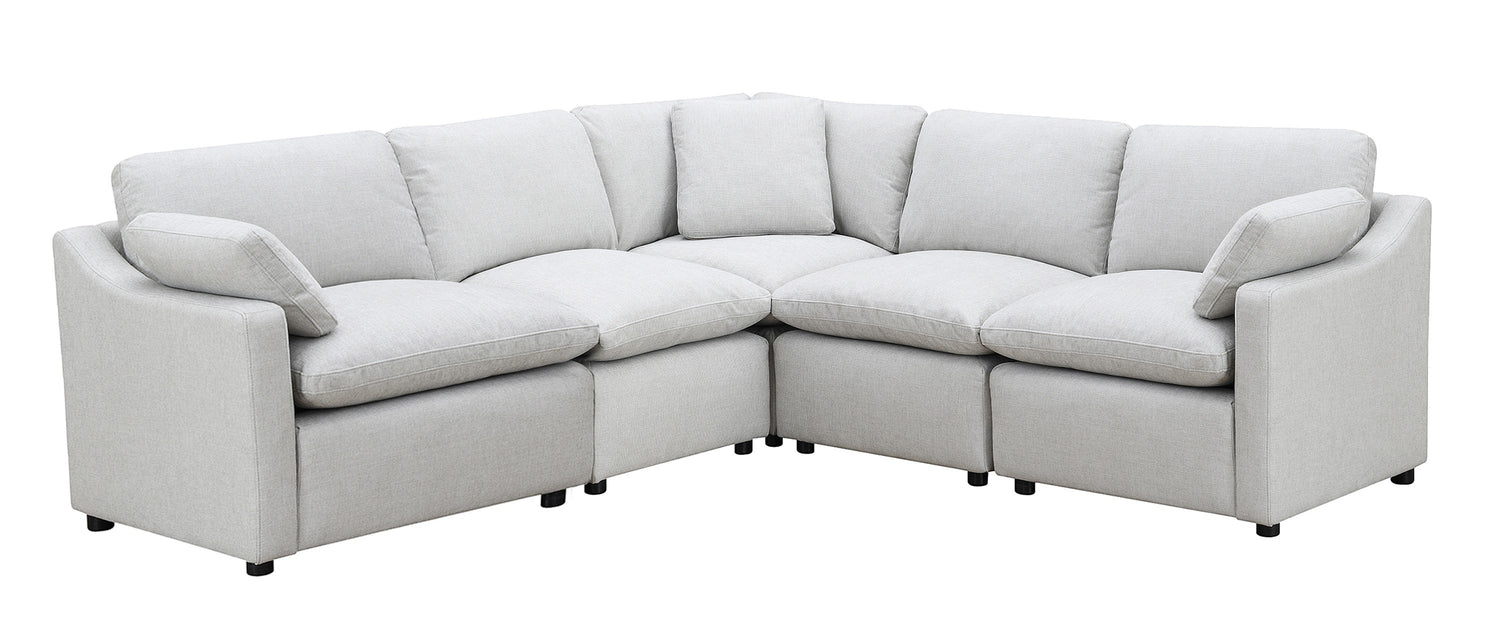TOCO Meubles Canapé modulaire Marine en tissu gris clair, 5 places, avec coussins moelleux et accoudoirs inclinés.