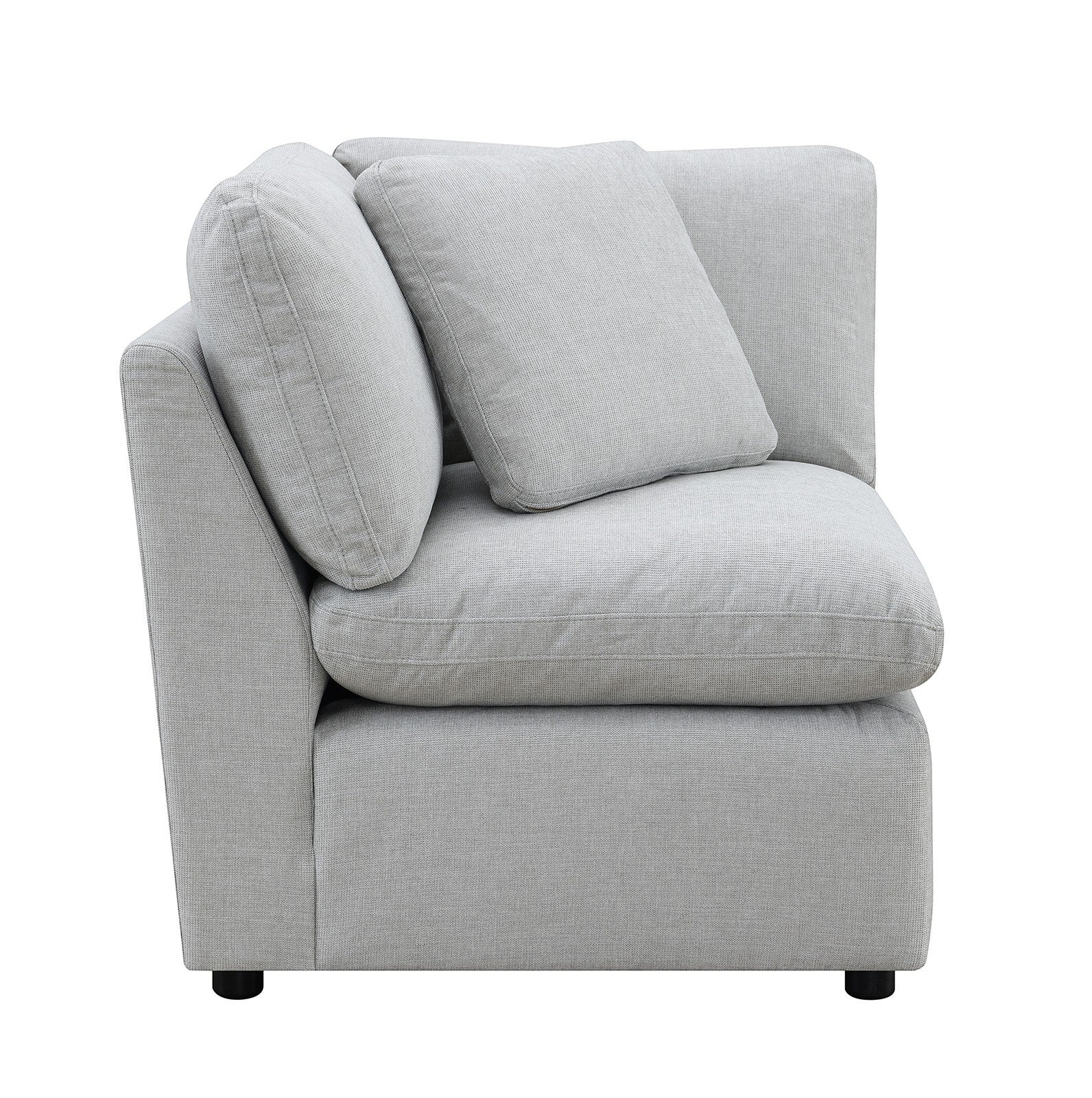 TOCO Meubles - Canapé modulaire gris clair en tissu texturé, avec coussins moelleux et accoudoirs inclinés.