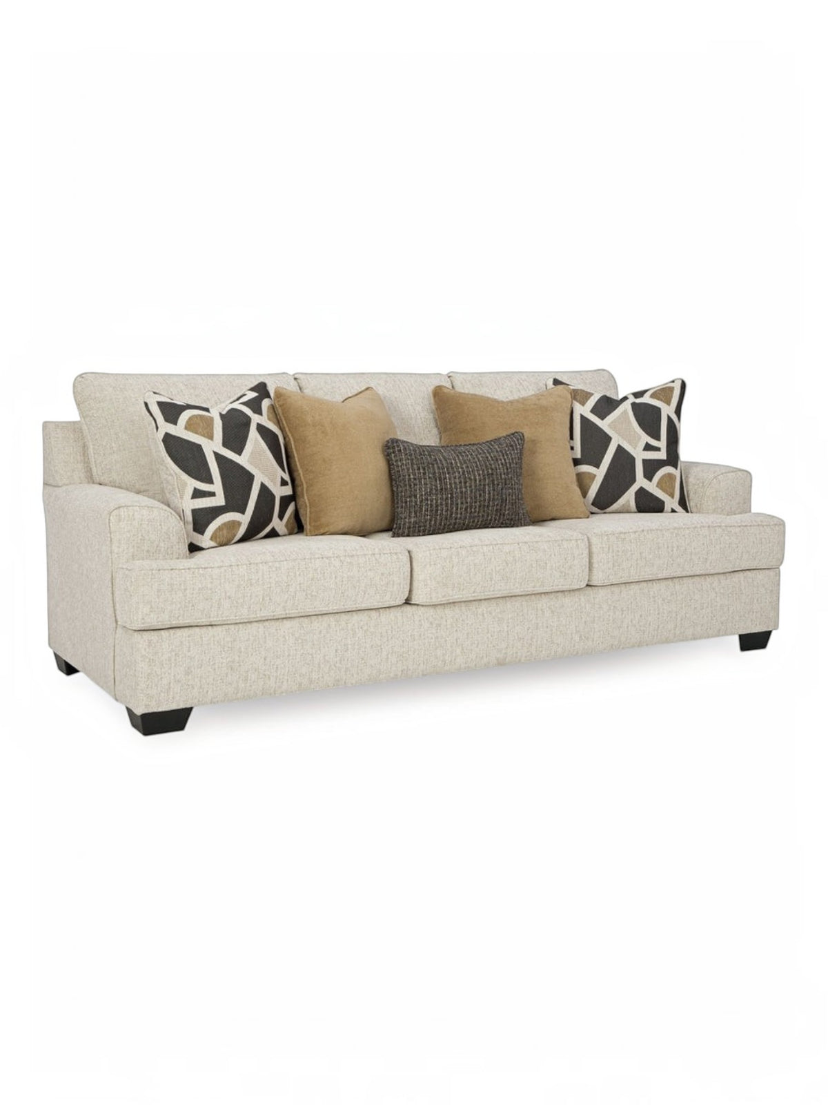 Canapé TOCO Meubles Moka couleur quartz avec coussins décoratifs géométriques et unis sur fond blanc