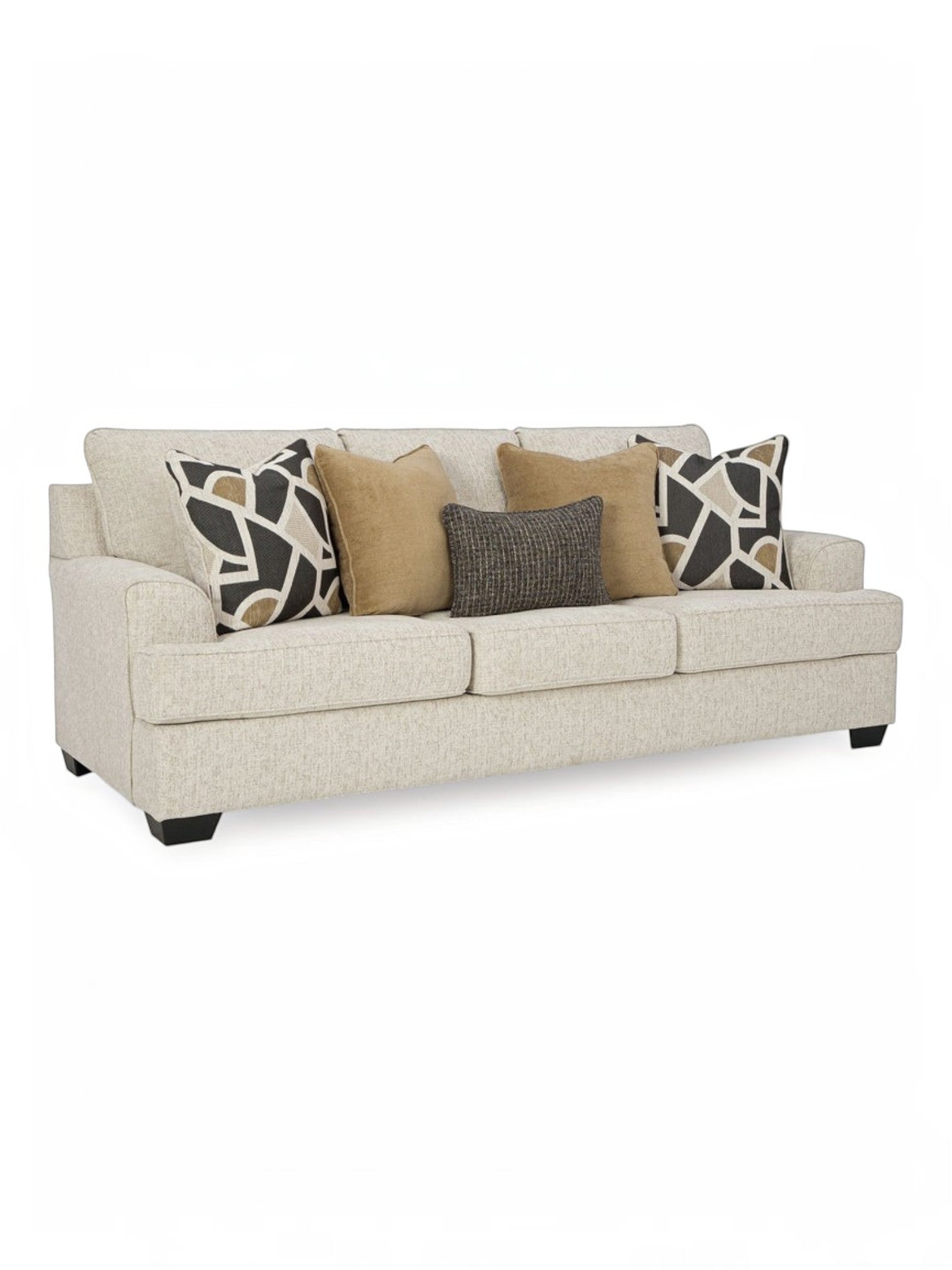 Canapé TOCO Meubles Moka couleur quartz avec coussins décoratifs géométriques et unis sur fond blanc