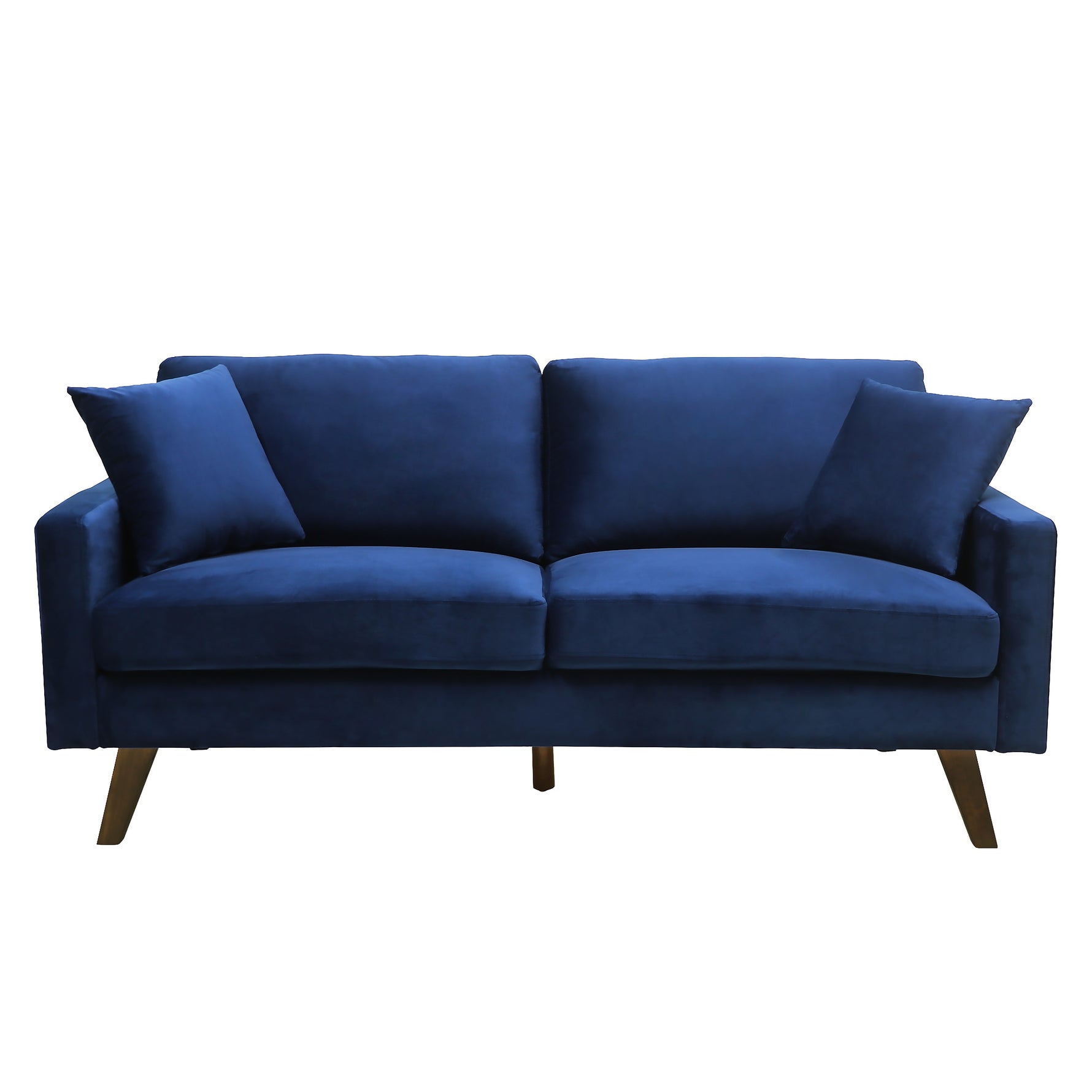 Canapé 3 places bleu roi en velours, pieds obliques en bois, par TOCO Meubles.