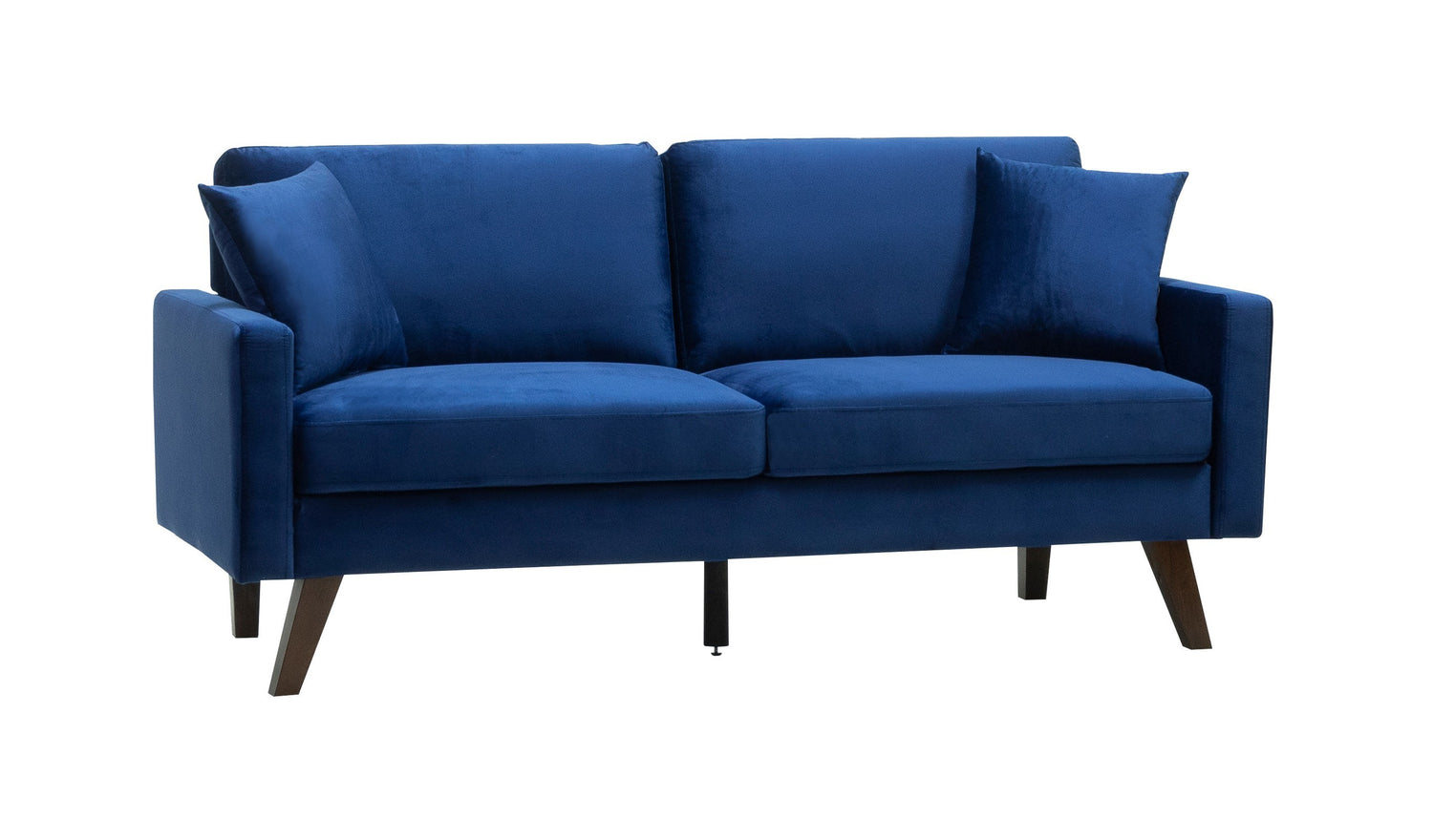 Canapé 2 places bleu roi en velours, pieds obliques en bois, par TOCO Meubles