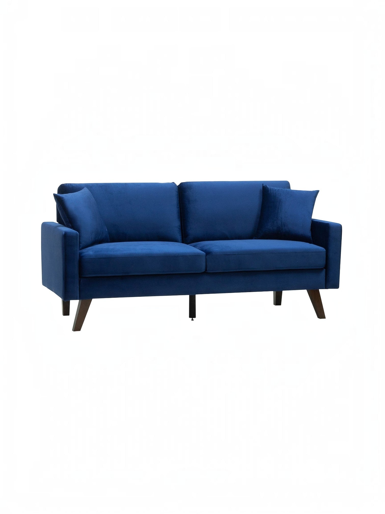 Canapé 2 places bleu roi en velours, pieds obliques en bois, par TOCO Meubles