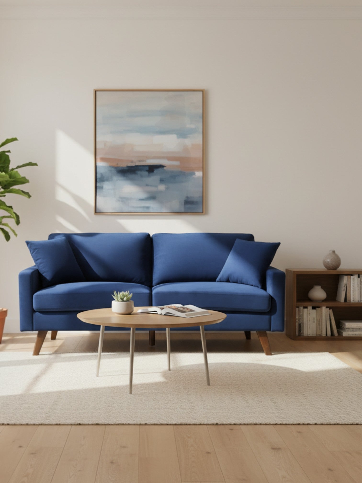 Canapé Royal bleu TOCO Meubles avec coussins assortis dans un salon moderne et lumineux