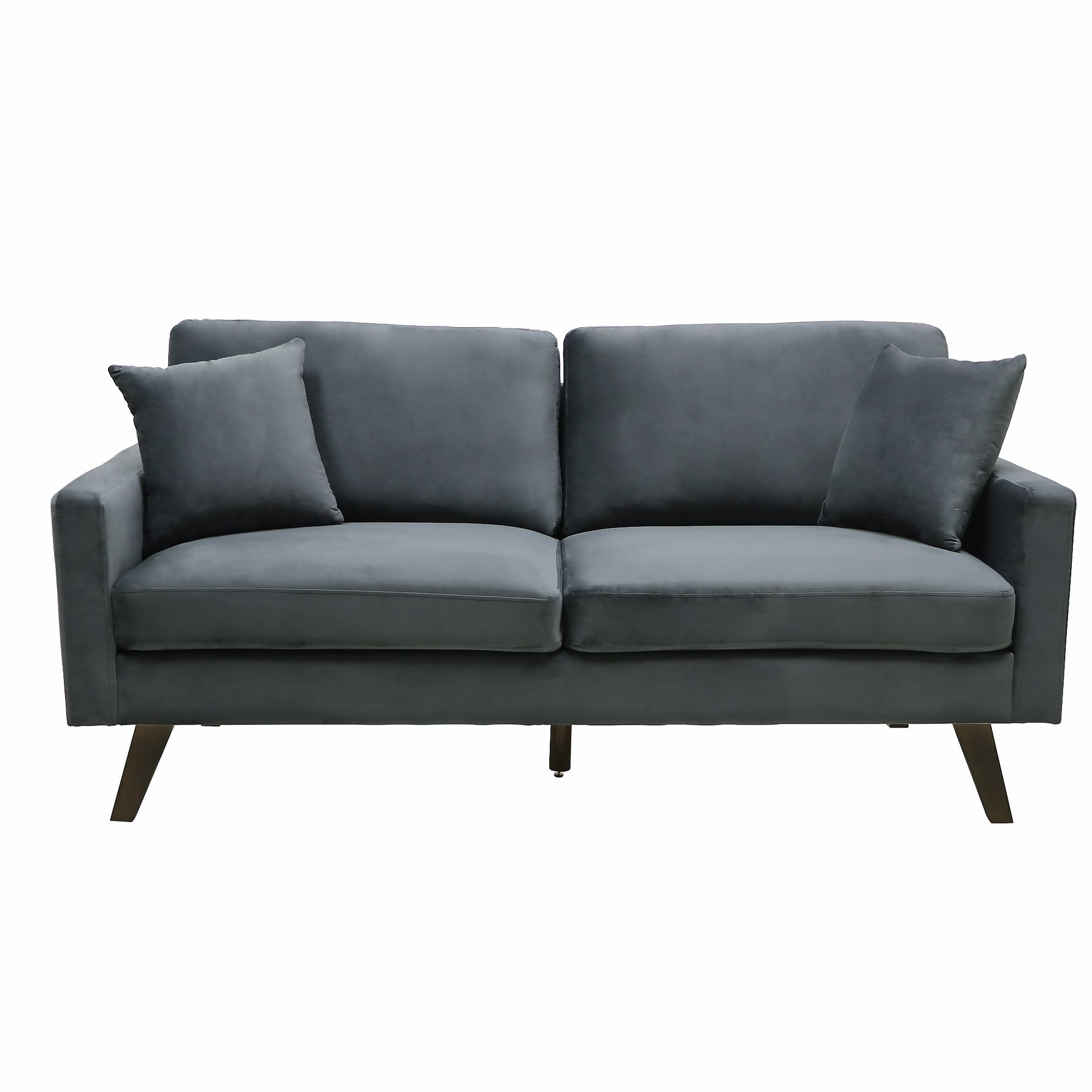 TOCO Meubles Canapé Royal gris foncé en velours, 2 coussins décoratifs inclus, pieds obliques en bois.