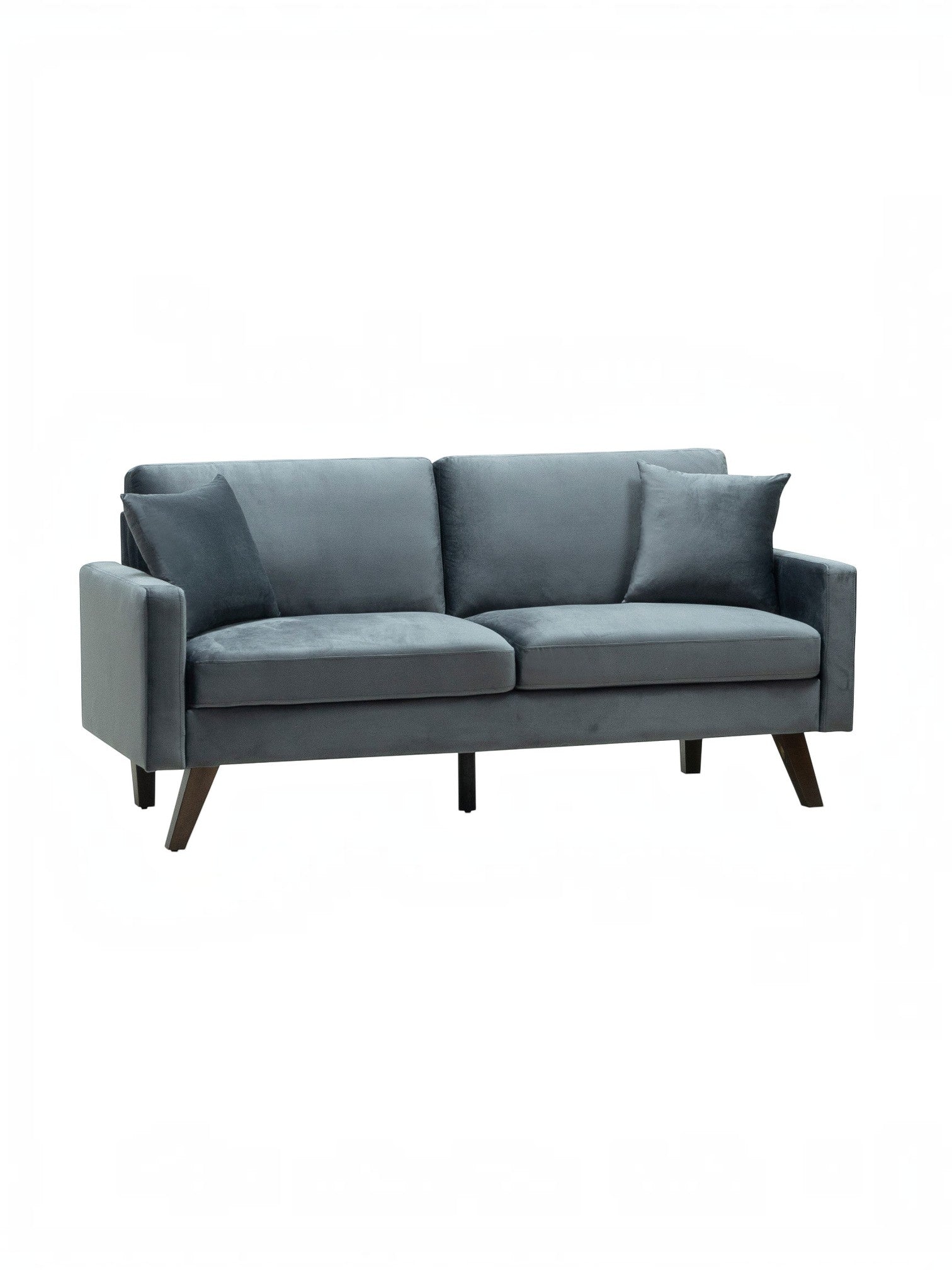TOCO Meubles Canapé Royal bleu sarcelle en velours avec 2 coussins décoratifs et pieds en bois foncés.