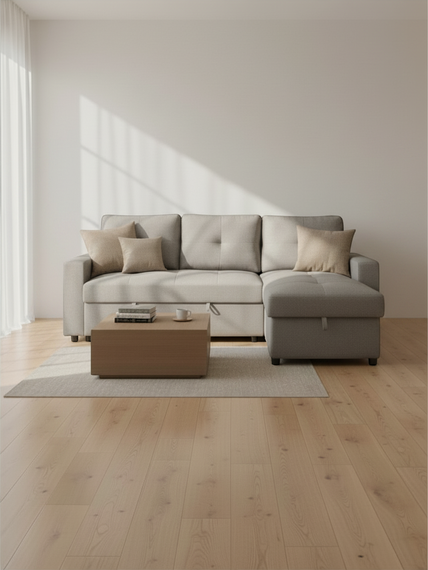 Canapé sectionnel gris TOCO Meubles avec méridienne et coussins beiges dans un salon moderne et lumineux