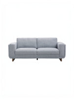 Canapé Simone gris clair en tissu avec pieds en bois foncé, style moderne, proposé par TOCO Meubles
