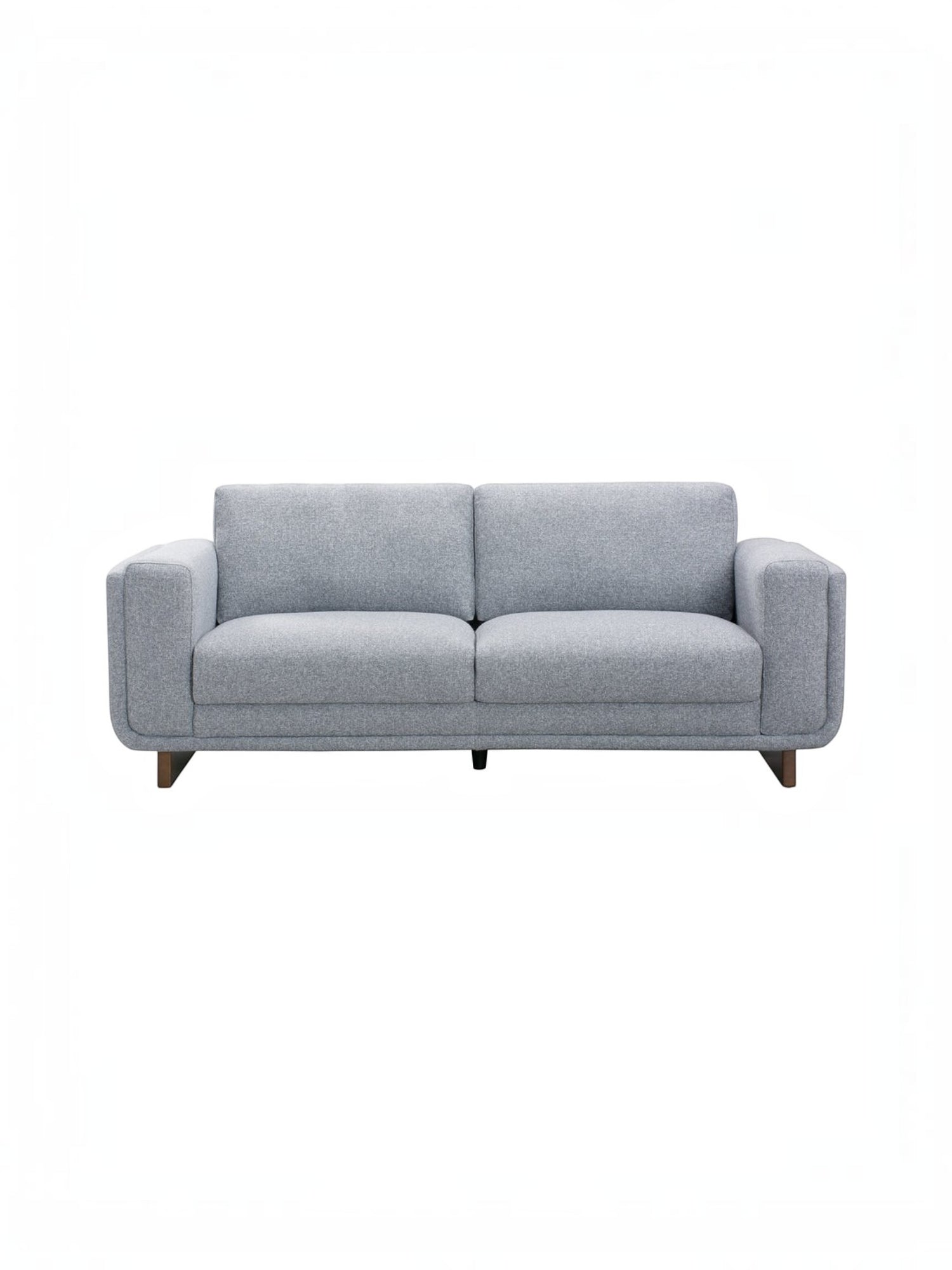 Canapé Simone gris clair en tissu avec pieds en bois foncé, style moderne, proposé par TOCO Meubles
