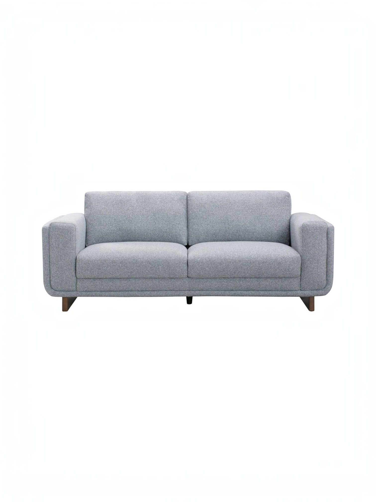 Canapé Simone gris clair en tissu avec pieds en bois foncé, style moderne, proposé par TOCO Meubles