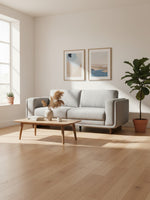Canapé Simone gris clair au design moderne dans un salon lumineux avec table basse en bois par TOCO Meubles