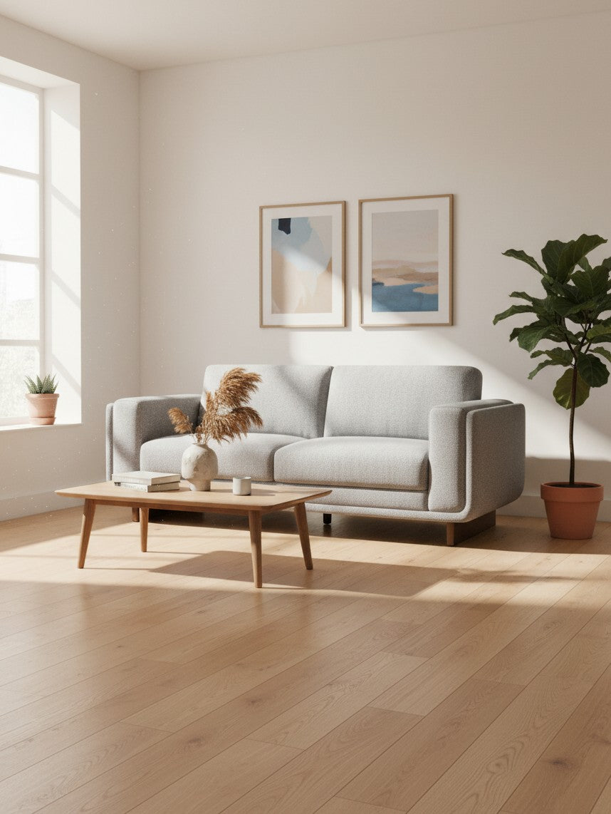 Canapé Simone gris clair au design moderne dans un salon lumineux avec table basse en bois par TOCO Meubles