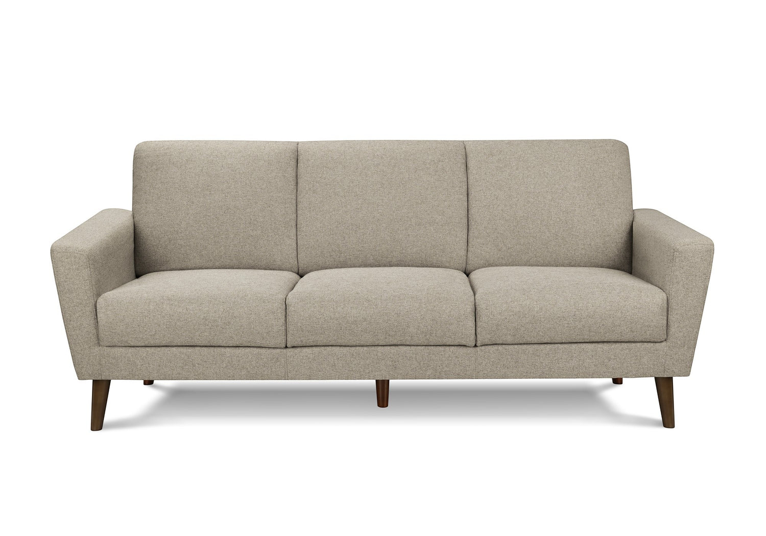 Canapé Tano beige en tissu de TOCO Meubles, 3 places, pieds en bois obliques, style moderne.