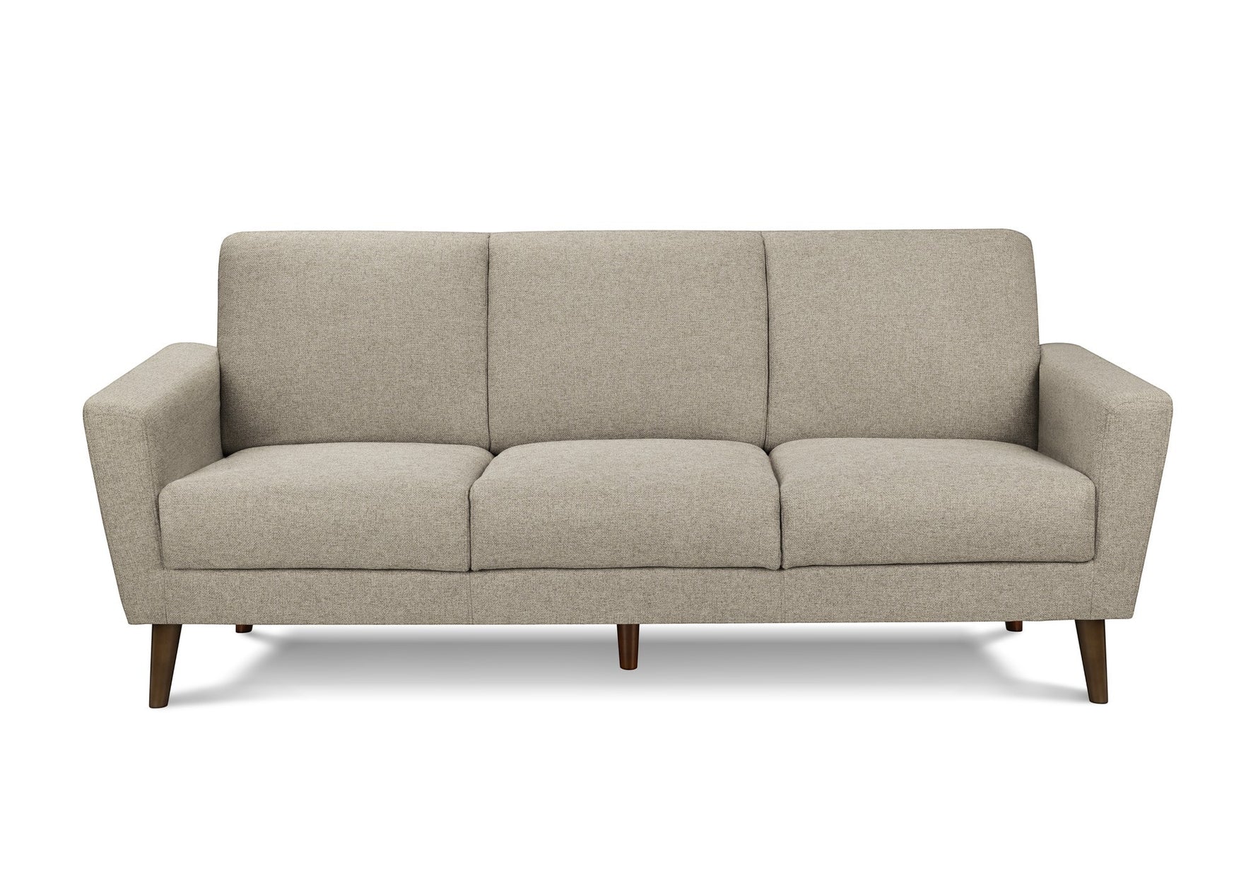 Canapé Tano beige en tissu de TOCO Meubles, 3 places, pieds en bois obliques, style moderne.