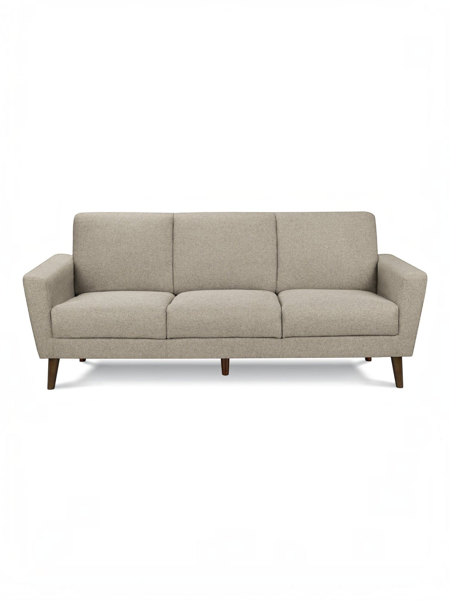 Canapé Tano beige en tissu de TOCO Meubles, 3 places, pieds en bois obliques, style moderne.