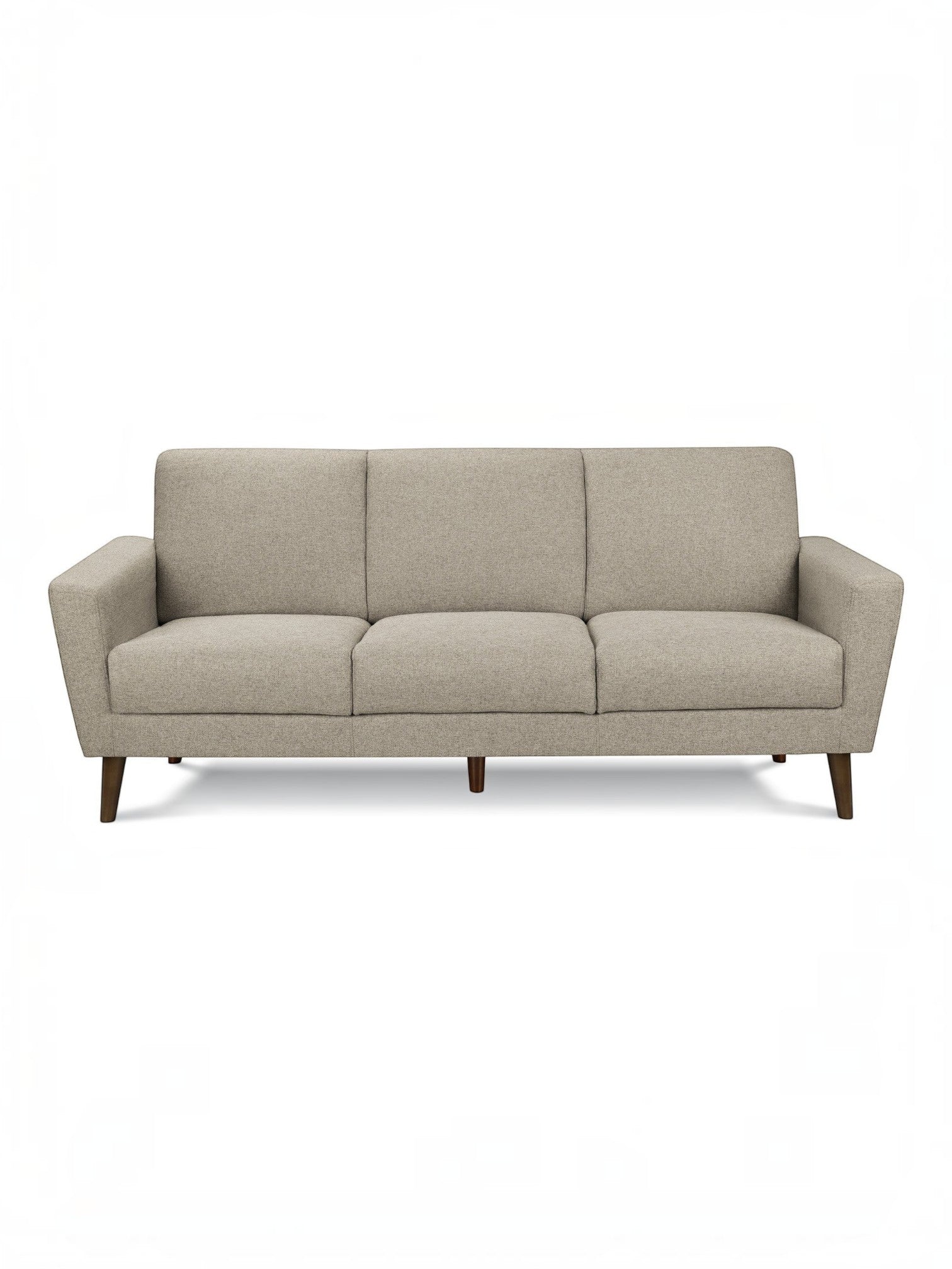 Canapé Tano beige en tissu de TOCO Meubles, 3 places, pieds en bois obliques, style moderne.