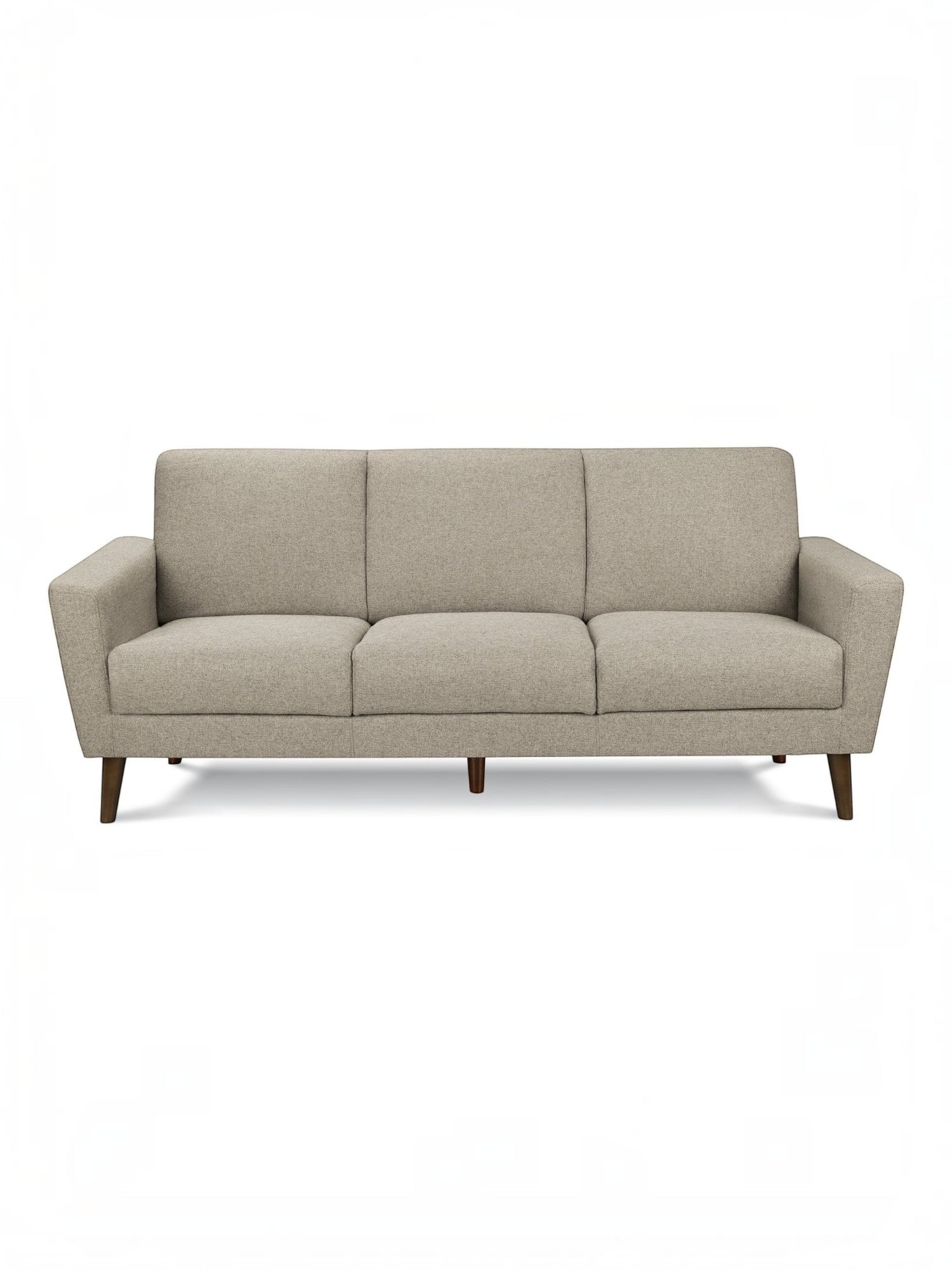 Canapé Tano beige en tissu de TOCO Meubles, 3 places, pieds en bois obliques, style moderne.