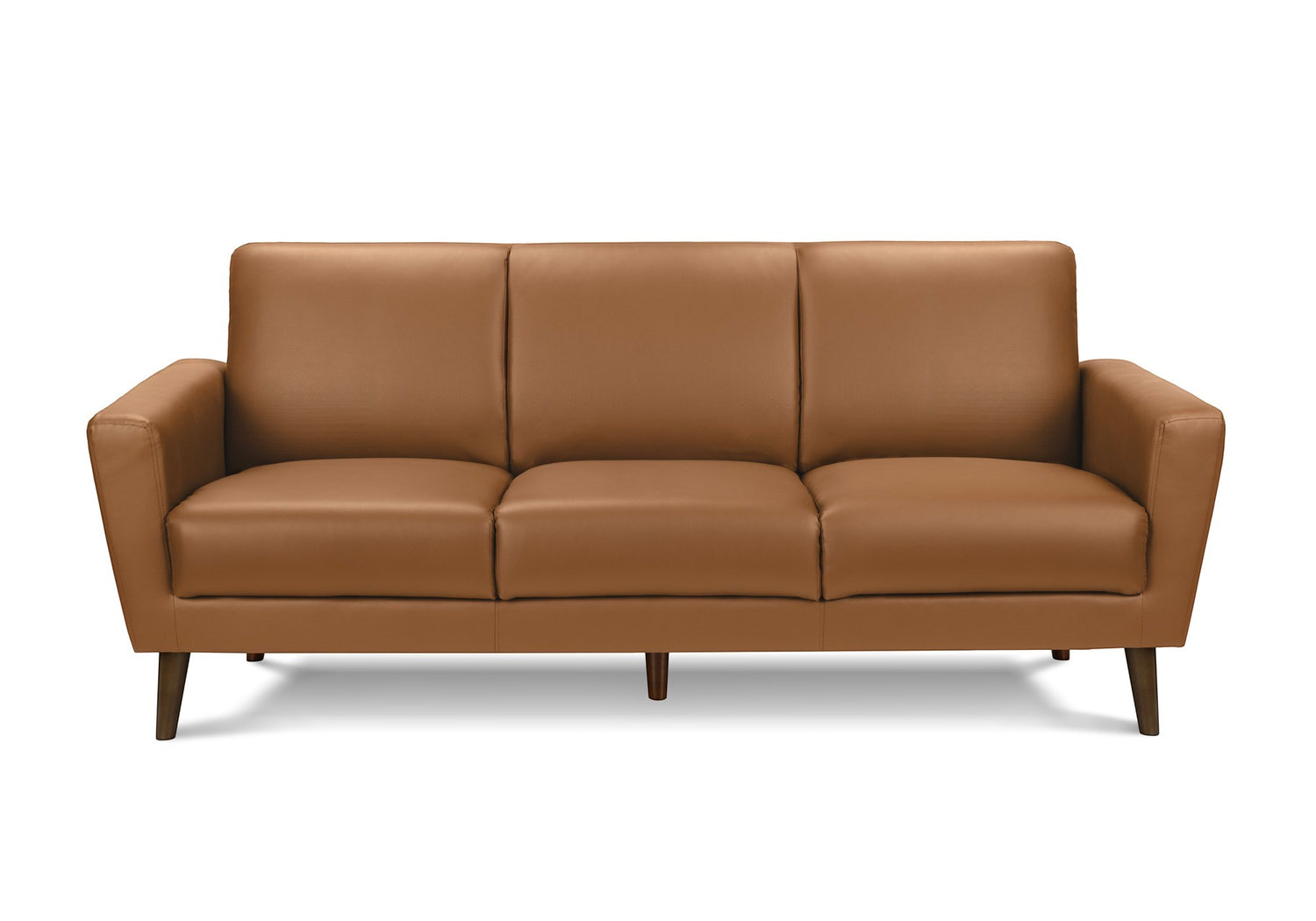 Canapé Tano en cuir marron de TOCO Meubles, 3 places, design moderne avec pieds en bois foncés.