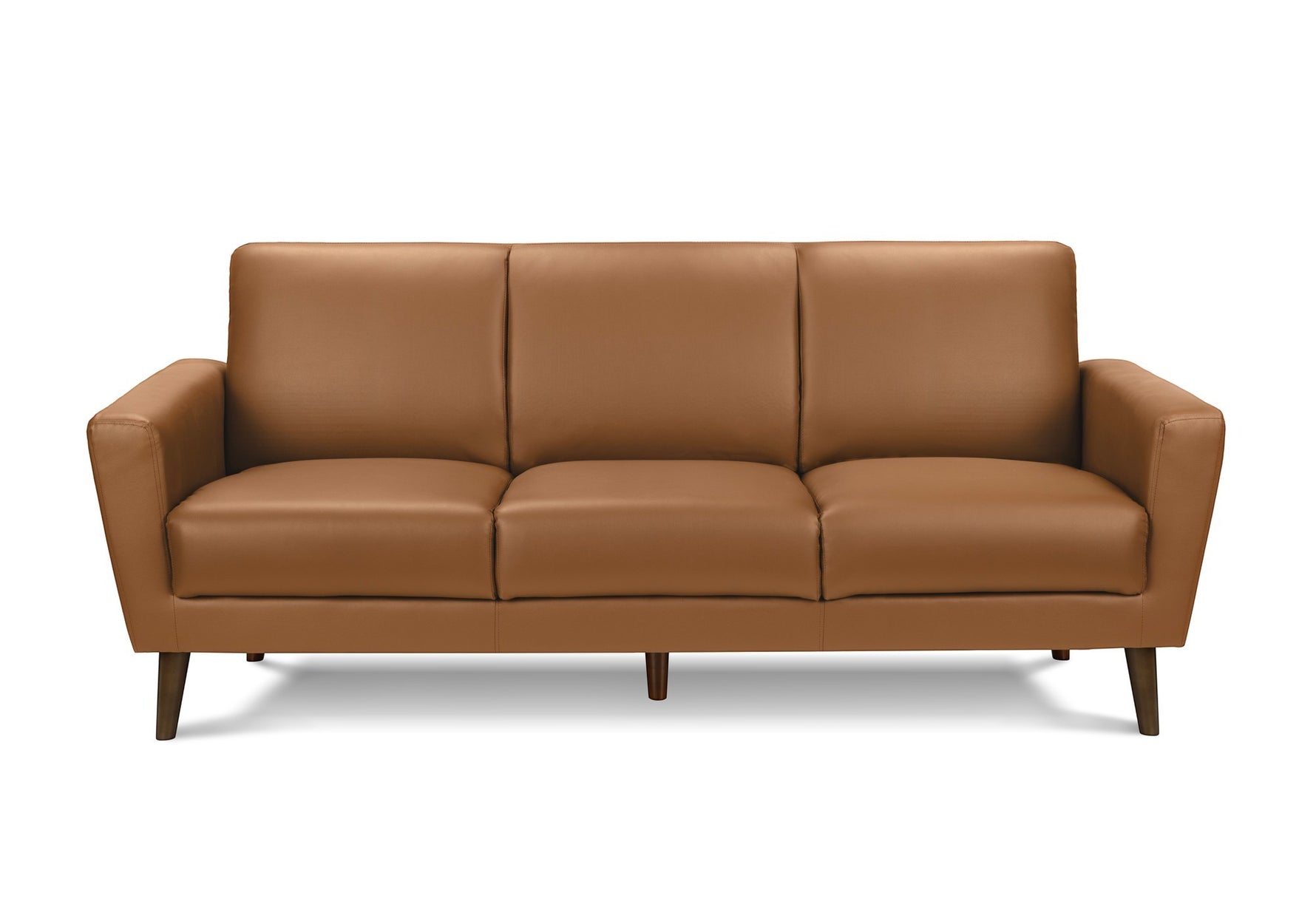 Canapé Tano en cuir marron de TOCO Meubles, 3 places, design moderne avec pieds en bois foncés.