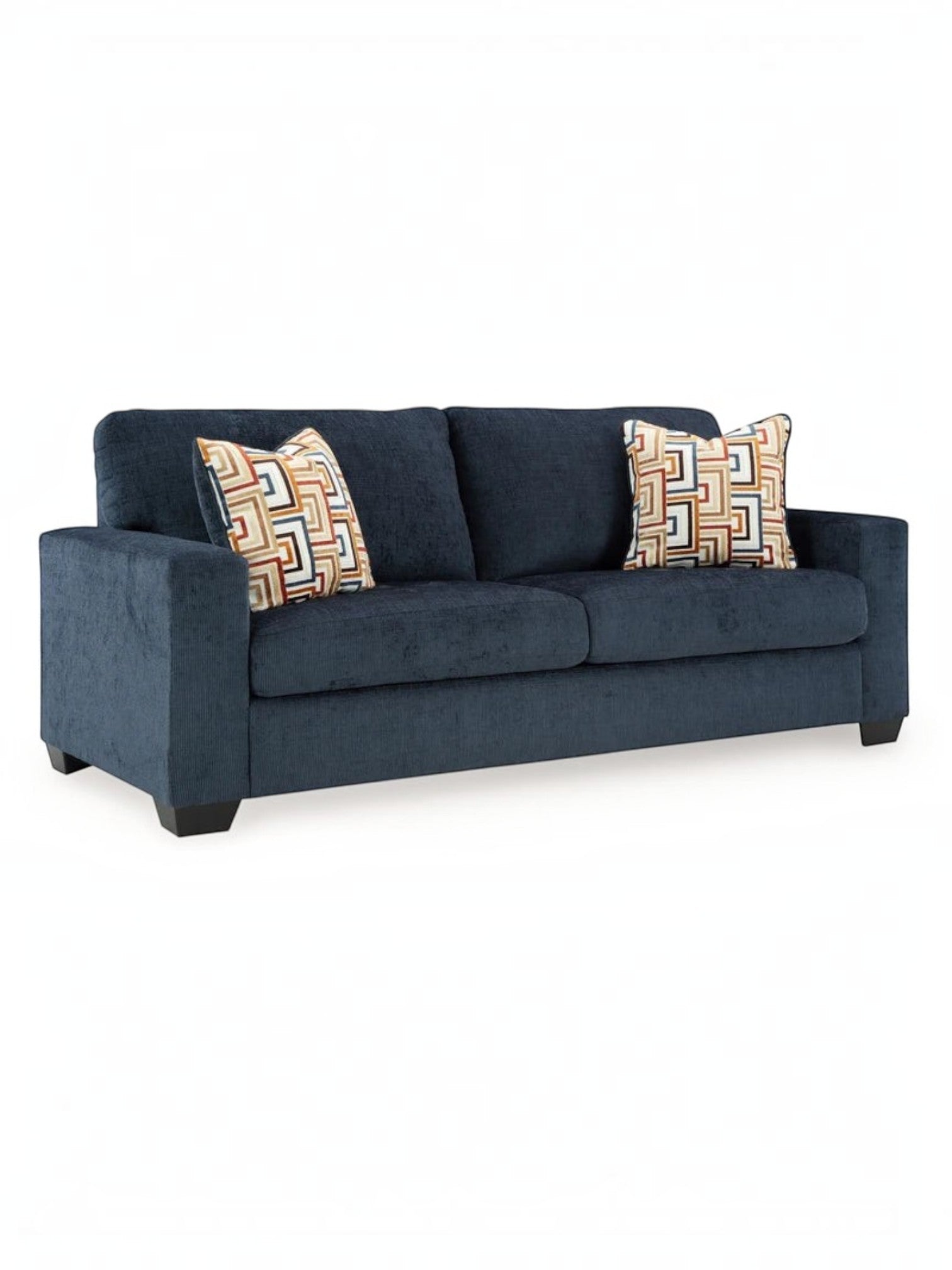 Canapé TOCO Meubles Toscana bleu marine en tissu texturé avec deux coussins décoratifs à motifs géométriques