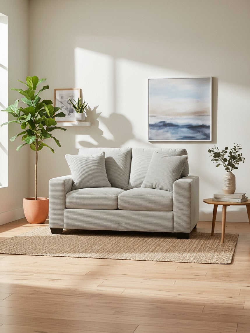 Causeuse Aldo de TOCO Meubles en tissu texturé gris clair avec deux coussins assortis dans un salon lumineux