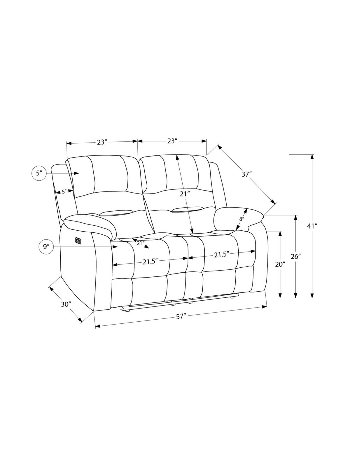 Schéma technique des dimensions de la causeuse inclinable 2 places Béatrice de TOCO Meubles avec ports USB.