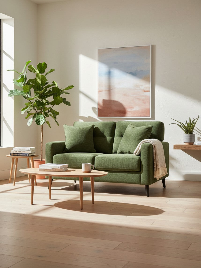 Causeuse Bixo de TOCO Meubles en tissu vert forêt avec coussins assortis dans un salon lumineux et moderne