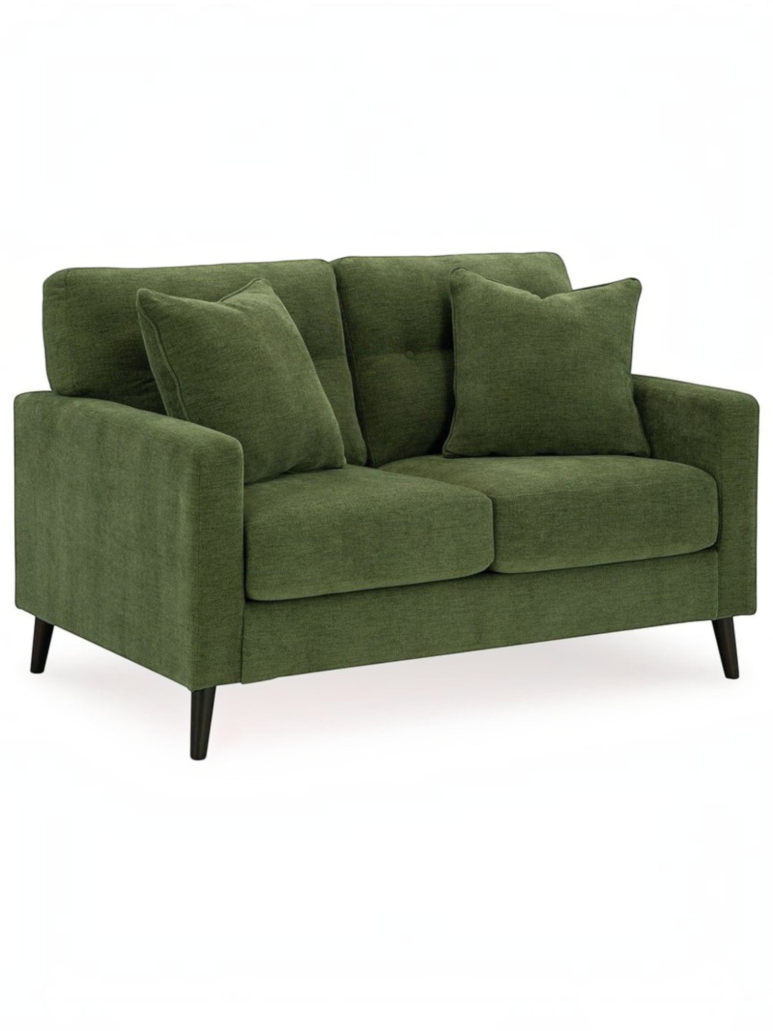 Causeuse Bixo de TOCO Meubles en tissu vert forêt avec deux coussins décoratifs et pieds en bois noir