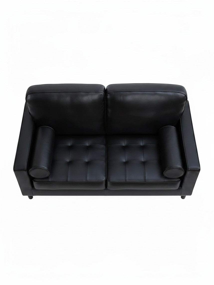 Causeuse Bryce TOCO Meubles en cuir noir avec assise capitonnée et accoudoirs cylindriques vue de dessus