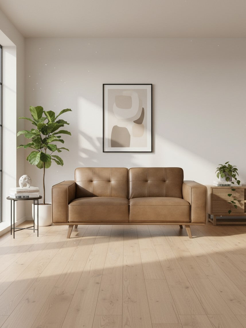 Causeuse Célestin TOCO Meubles en cuir brun avec détails capitonnés dans un salon moderne et lumineux