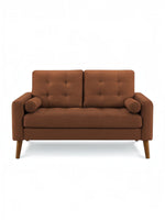 Causeuse Cleopatre TOCO Meubles en tissu marron avec boutons capitonnés et coussins cylindriques.