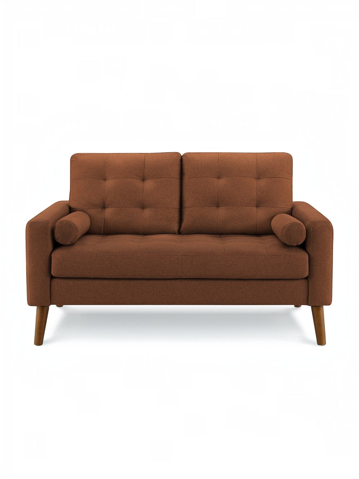 Causeuse Cleopatre TOCO Meubles en tissu marron avec boutons capitonnés et coussins cylindriques.