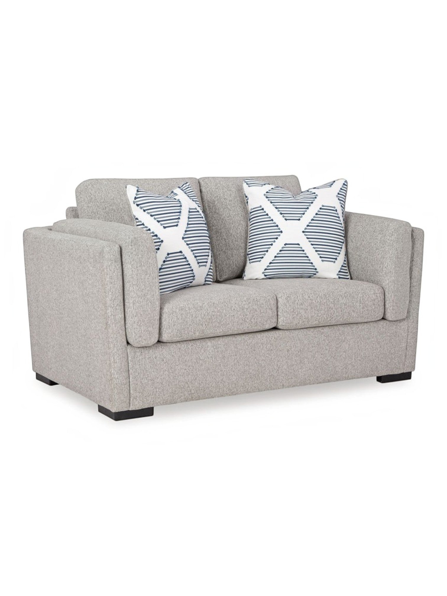 Causeuse Evan TOCO Meubles en tissu gris avec deux coussins décoratifs à motifs géométriques bleus et blancs