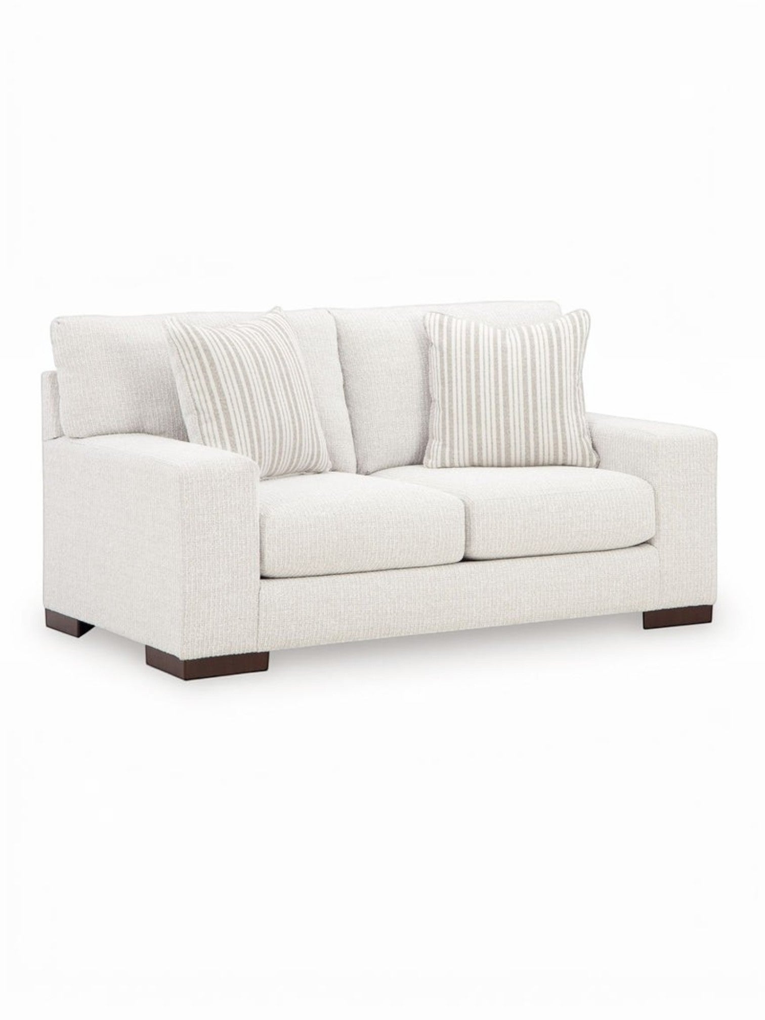 Causeuse Figaro TOCO Meubles en tissu texturé blanc cassé avec deux coussins décoratifs à rayures beiges