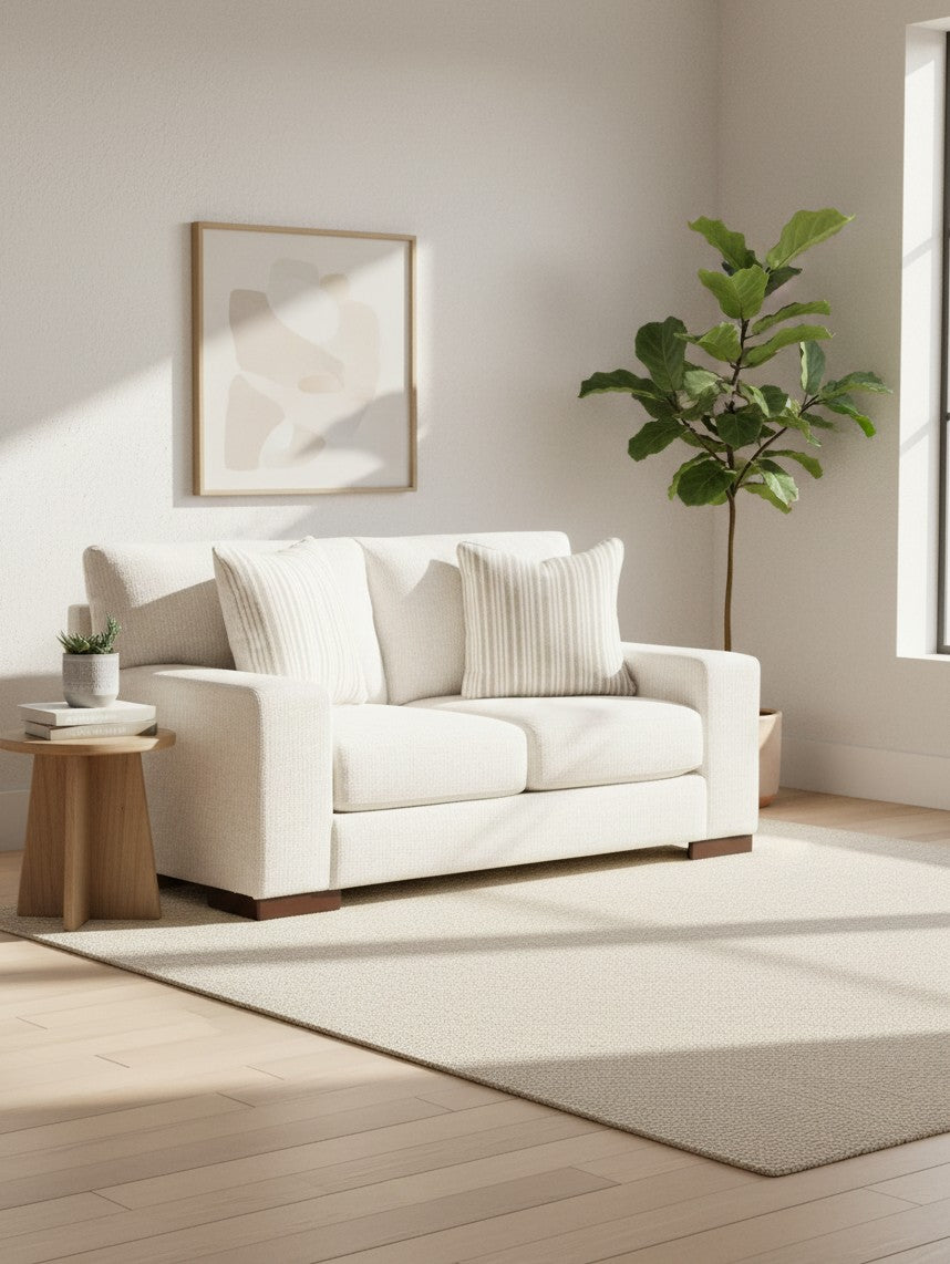 Causeuse Figaro TOCO Meubles en tissu texturé blanc cassé avec coussins décoratifs dans un salon lumineux