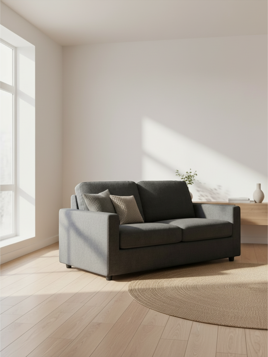 Causeuse deux places grise TOCO Meubles avec coussins décoratifs dans un salon lumineux au style minimaliste