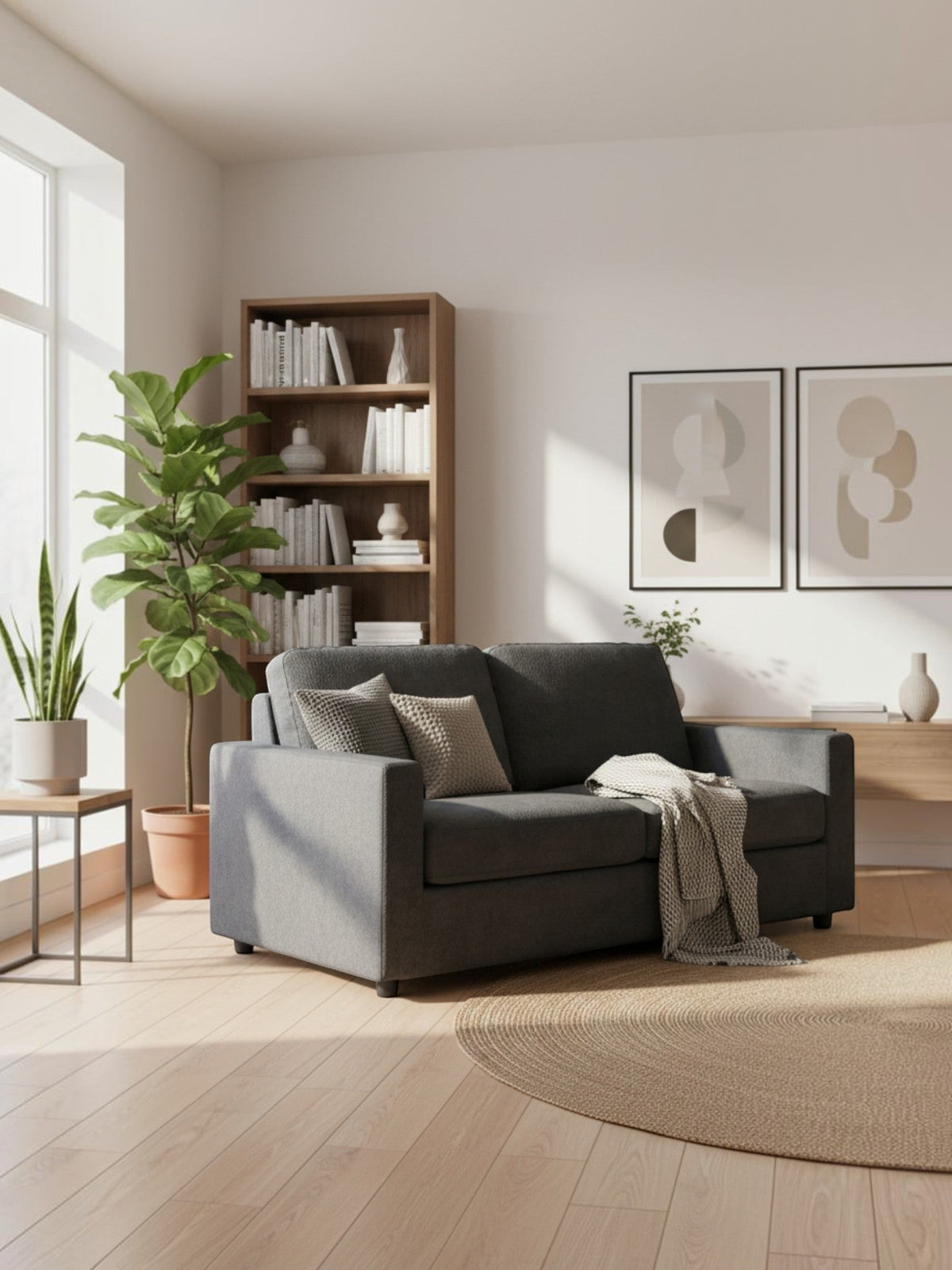 Causeuse deux places grise TOCO Meubles dans un salon lumineux avec plante verte et bibliothèque en bois