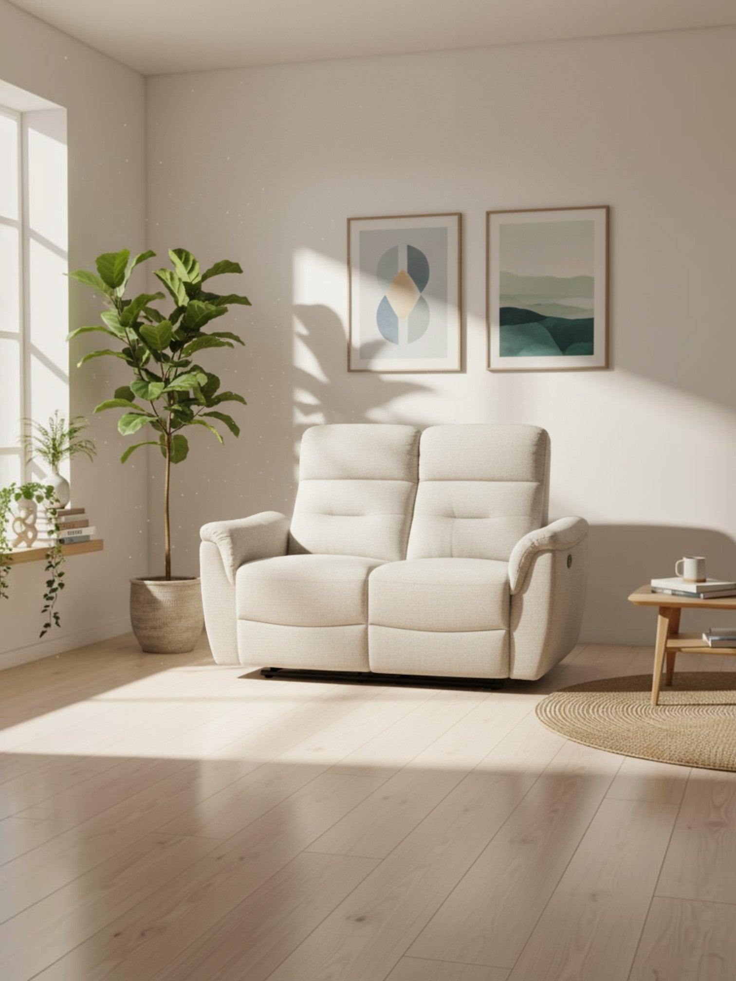 Causeuse inclinable Hudson de TOCO Meubles en tissu beige clair dans un salon lumineux au style scandinave