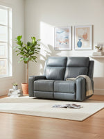 Causeuse inclinable deux places en cuir gris TOCO Meubles dans un salon moderne avec plante et tapis clair