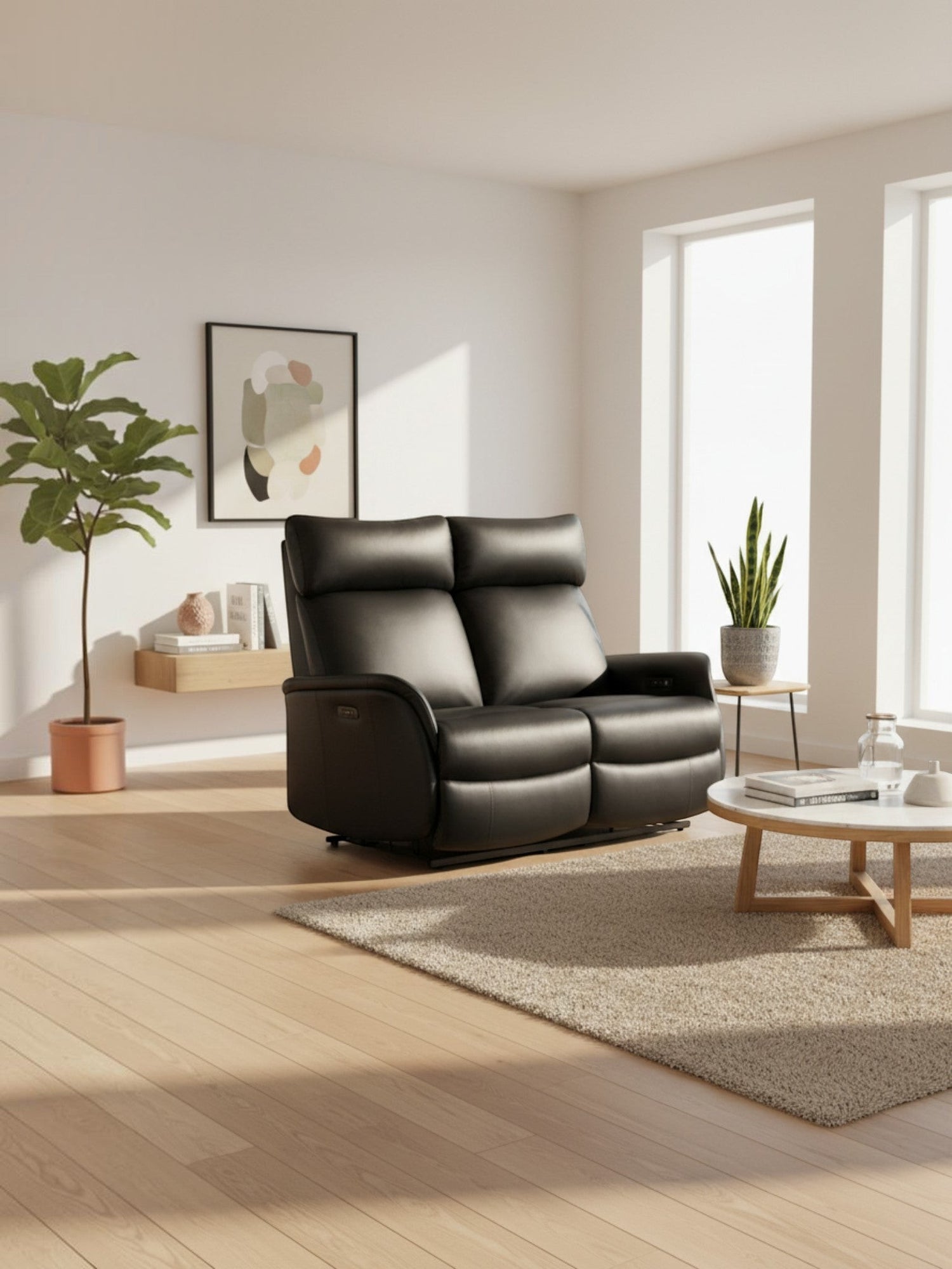 Causeuse inclinable TOCO Meubles en cuir noir avec appuie-têtes ergonomiques dans un salon moderne et lumineux